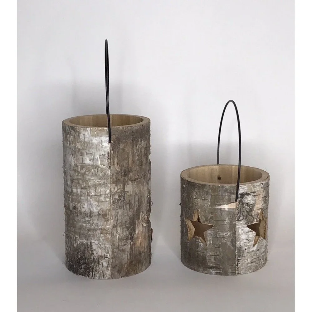 Set of 2 Birch Bark Wood Log Star Cutout Candle Holders Rustic Nature Decor NEW